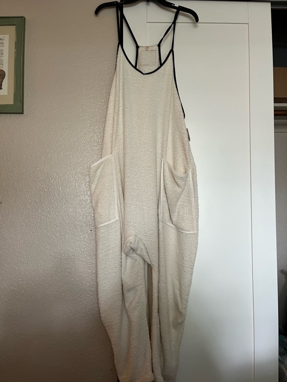 Cream Soft Terry Overalls with Black Strap Detail